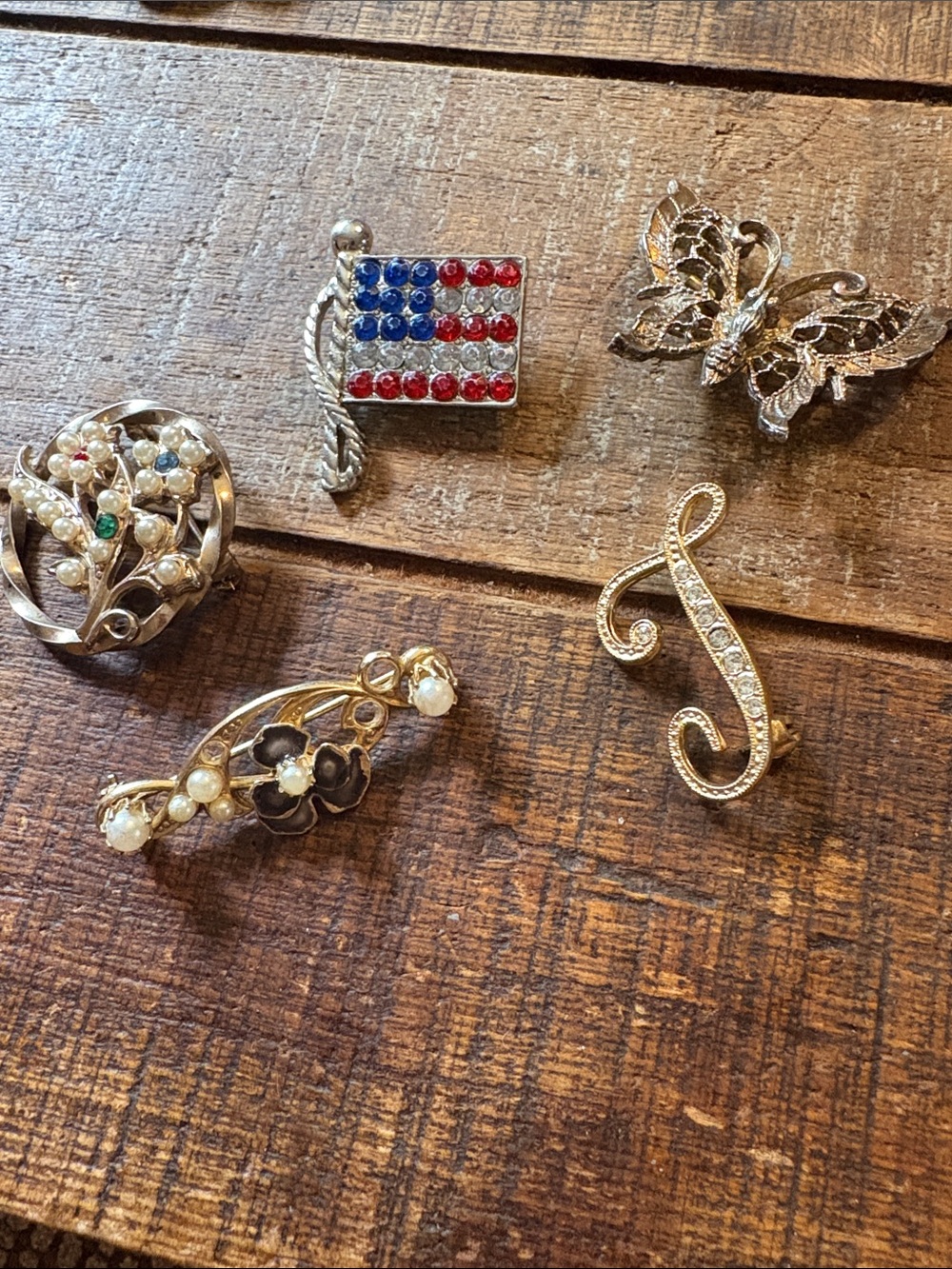 Vintage Lot of 5 Gold-Tone Crystal Pins
